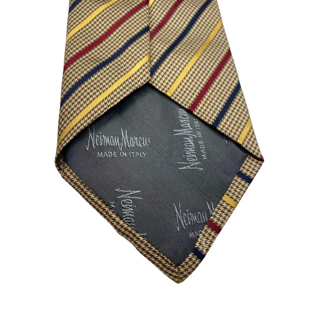 Neiman‎ Marcus Silk Tie Mens Tan Houndstooth Striped Blue Red Gold Made in Italy
